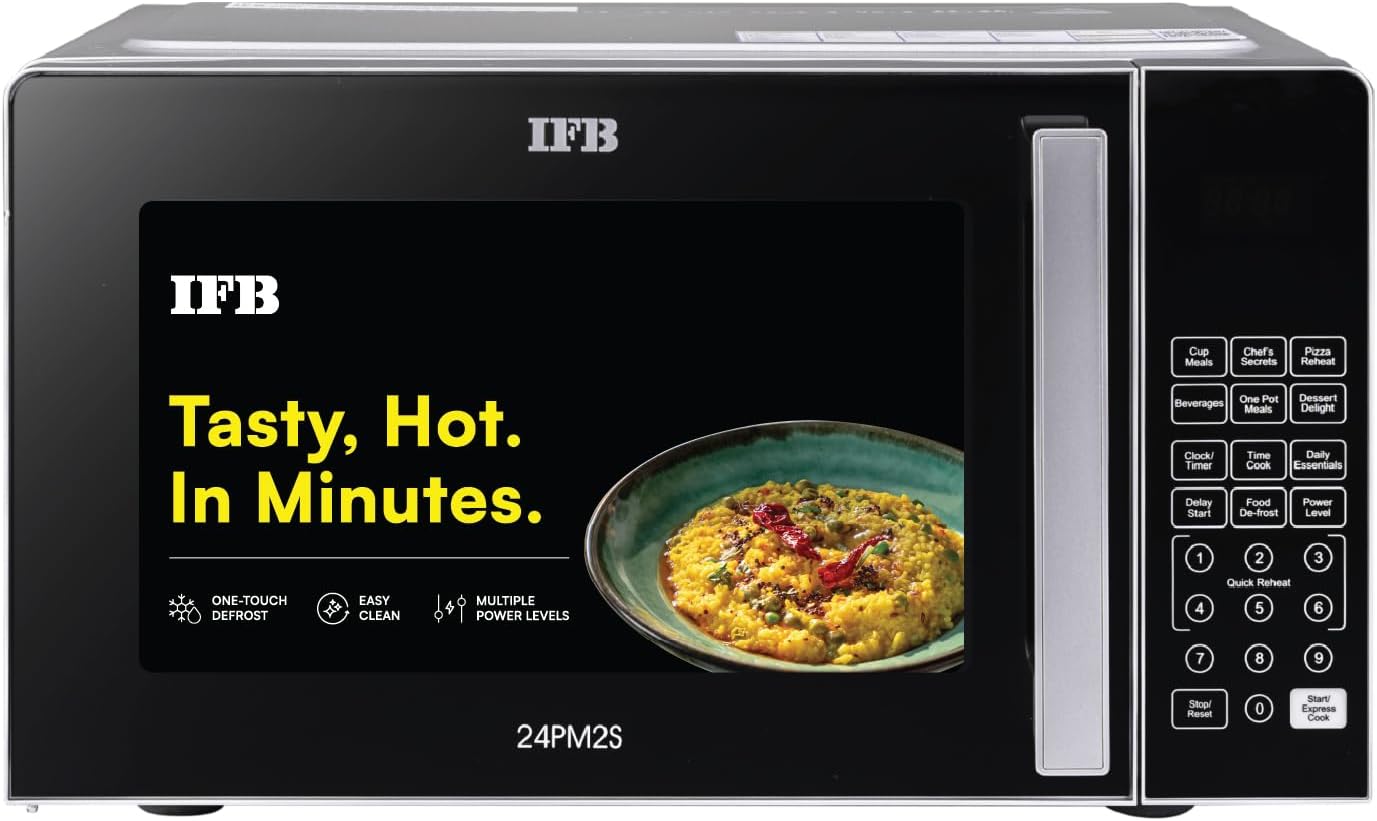 24L Solo Microwave Oven with 69 Auto Cook Menus (24PM2S, Silver, Mug Recipes, Steam Clean, Auto Reheat, Preset Timer, Power Save, Child Safety Lock, 10 Power Levels)