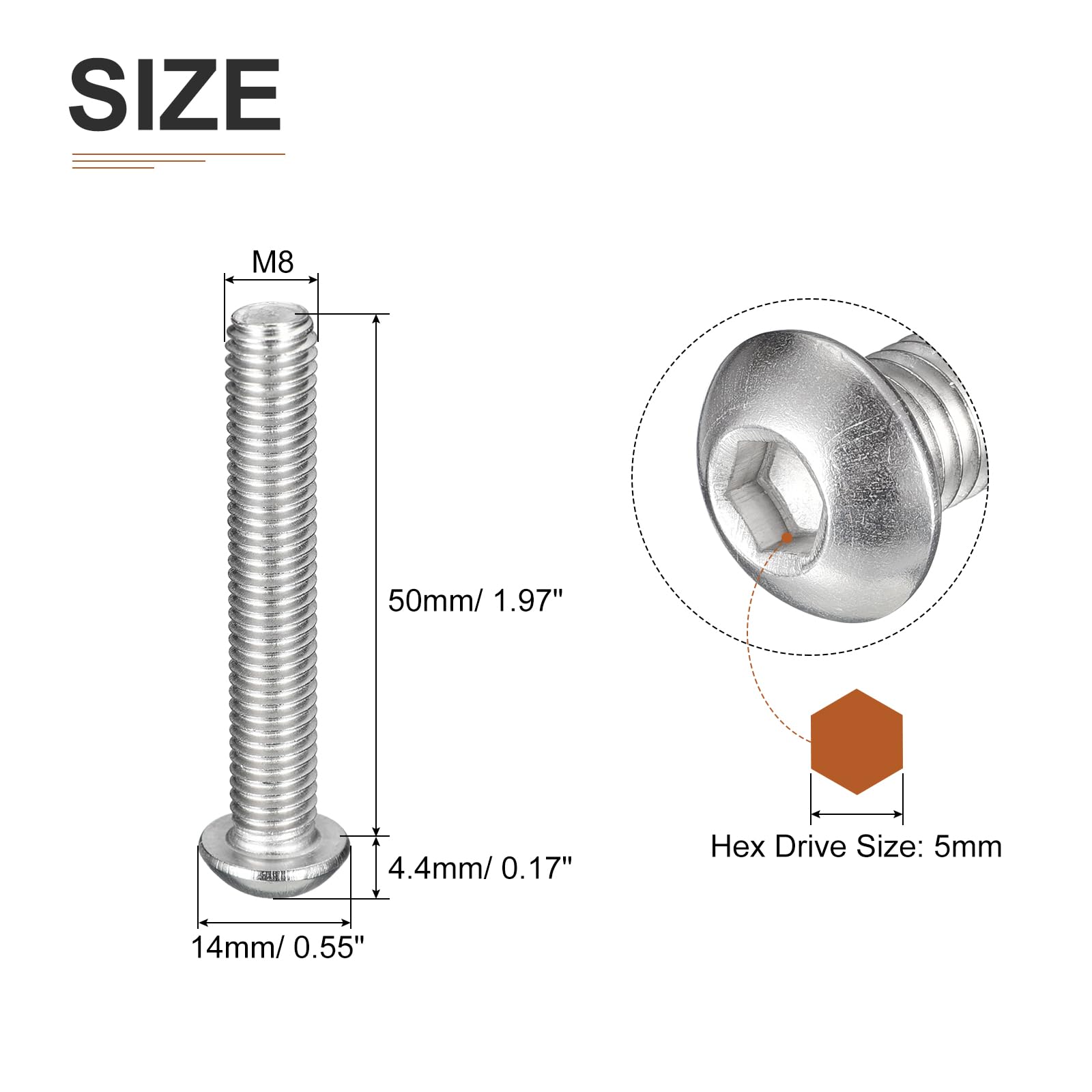 DTGN M8-1.25x50mm (DxL) Button Head Socket Cap Screws, 5Pack, Good for Machine, 304 Stainless Steel 18/8 - Image 2