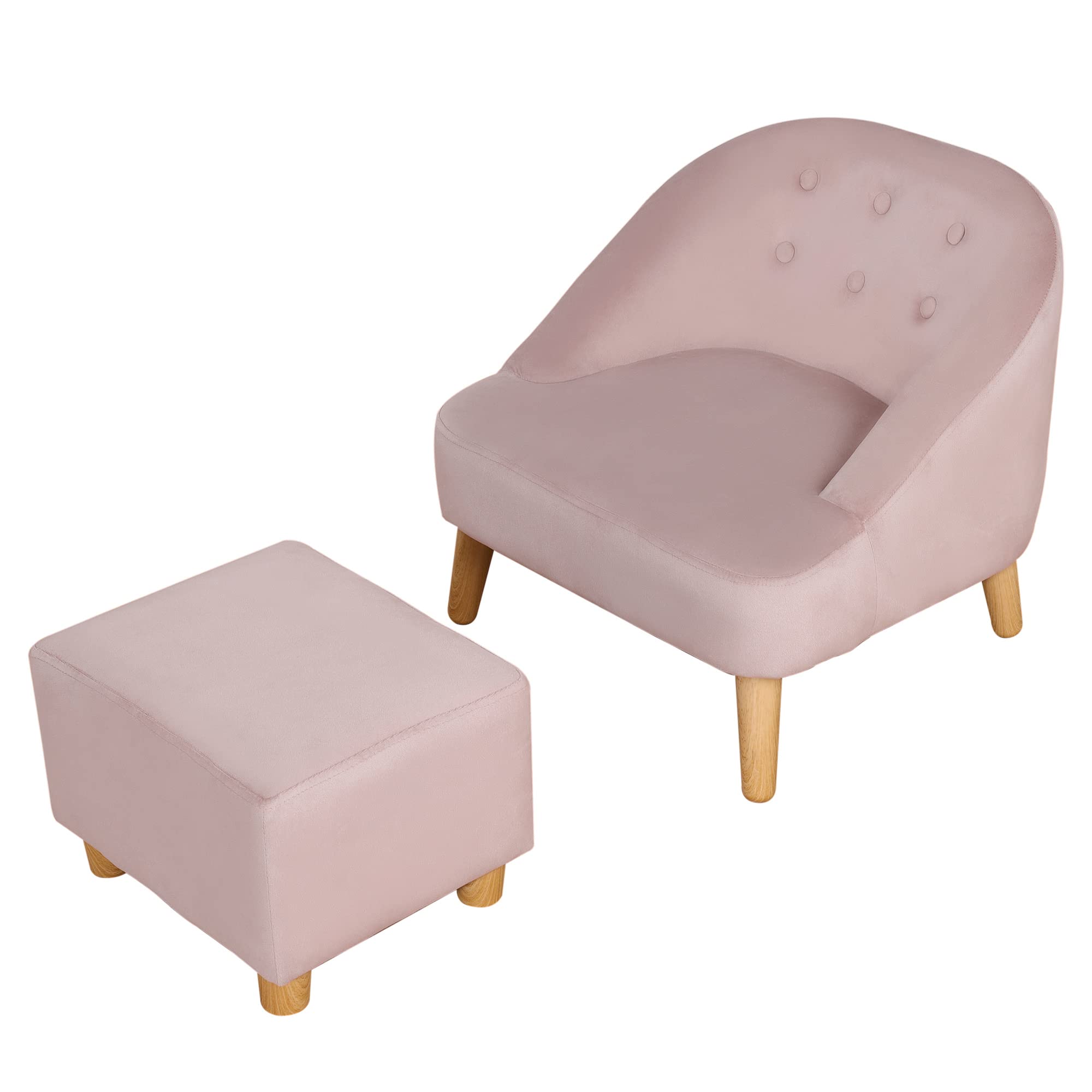 HOMCOM Krzesło dziecięce Sofa dziecięca z podnóżkiem Kanapa dziecięca od 3 lat Meble dziecięce Pokój dziecięcy Aksamitny wygląd Drewno eukaliptusowe Różowy 51 x 51 x 50 cm