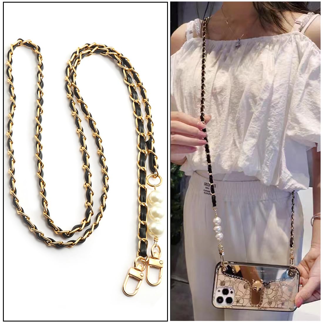 Zeayebsr 1PCS Chaine Telephone Portable Tour De Cou Avec 4 Patch De Rechange, Cordon Sac à Main En PU Lanière Universelle Longue Dragone Anti-Perte Bandouliere Longue De Plupart Des Smartphones