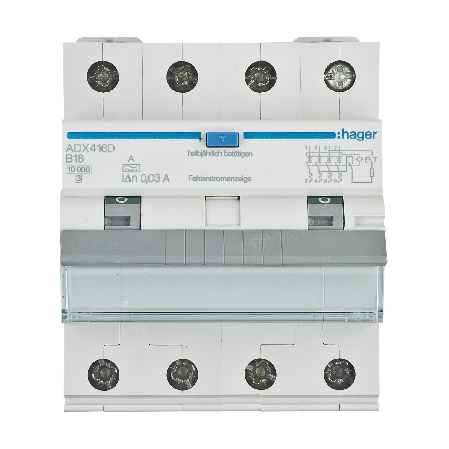 HAGER ADX416D FI/LS-Schutzschalter kompaktes Gerät B16A 3-polig 3P+N, integrierter FI-Schutzschalter 30mA nur 71mm Breite 4TE