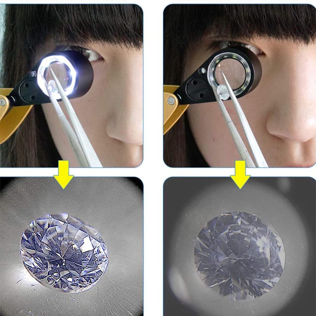 30-fache Vergrößerung, Mini-Lupe, faltbar, Taschenlupe mit LED und violettem Licht, beleuchtete Juwelierlupe zum Löten, Inspektion, Münzen, Schmuck, gelbe Brillen charitable