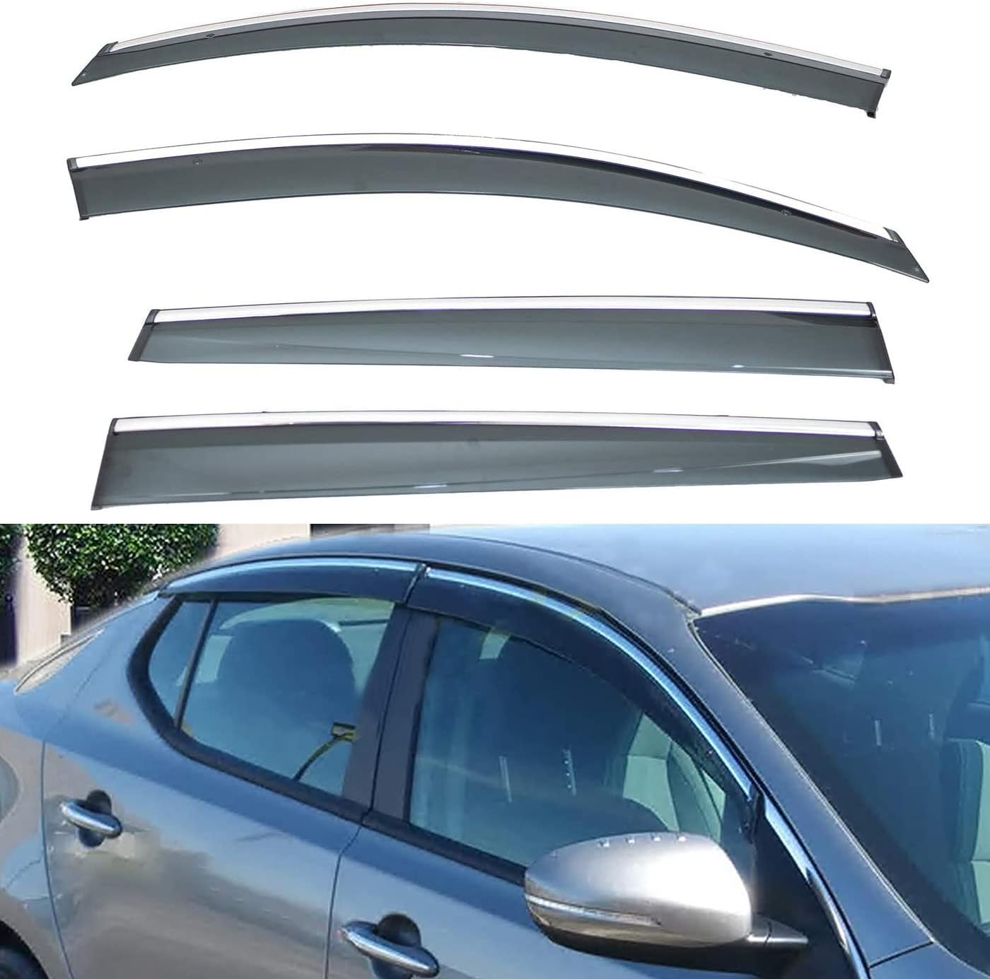 Deal 4-Piece Set Outside Mount Tape On/Clip On Type Smoke Tinted Sun/Rain Guard Vent Window Visors with Chrome Trim Compatible with 2011-2015 Optima All Models