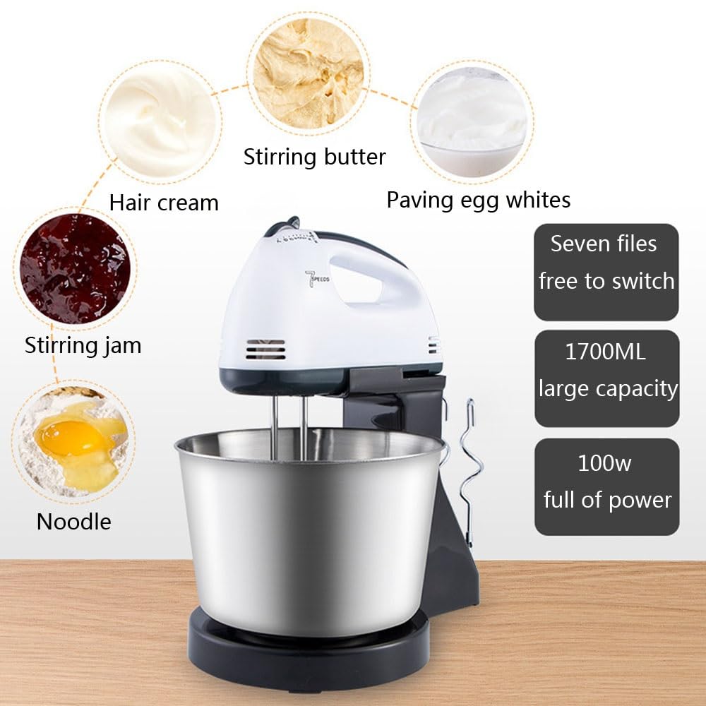 Robot De Cocina Y Batidora De Pie 2 En 1 7 Velocidades Batidora Eléctrica Para Amasar Con Bol De 1,7 L, 2 Batidores Y 2 Ganchos Para Amasar Para Tartas, Masas, Pan Y Postres 180 W