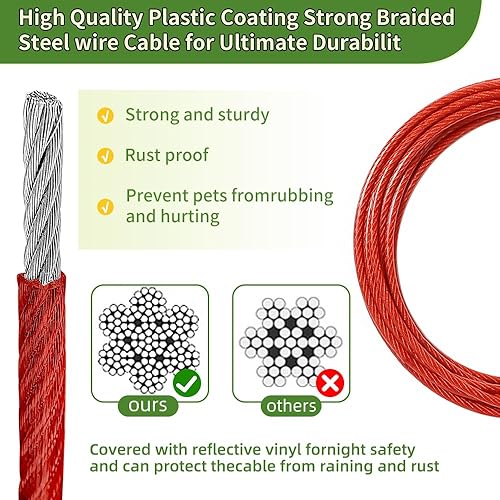 Miniatura 4 de Cable de amarre para perros, 102050100150 pies, camino de perro para patio, cable de alambre de acero para perros con clips superiores duraderos,