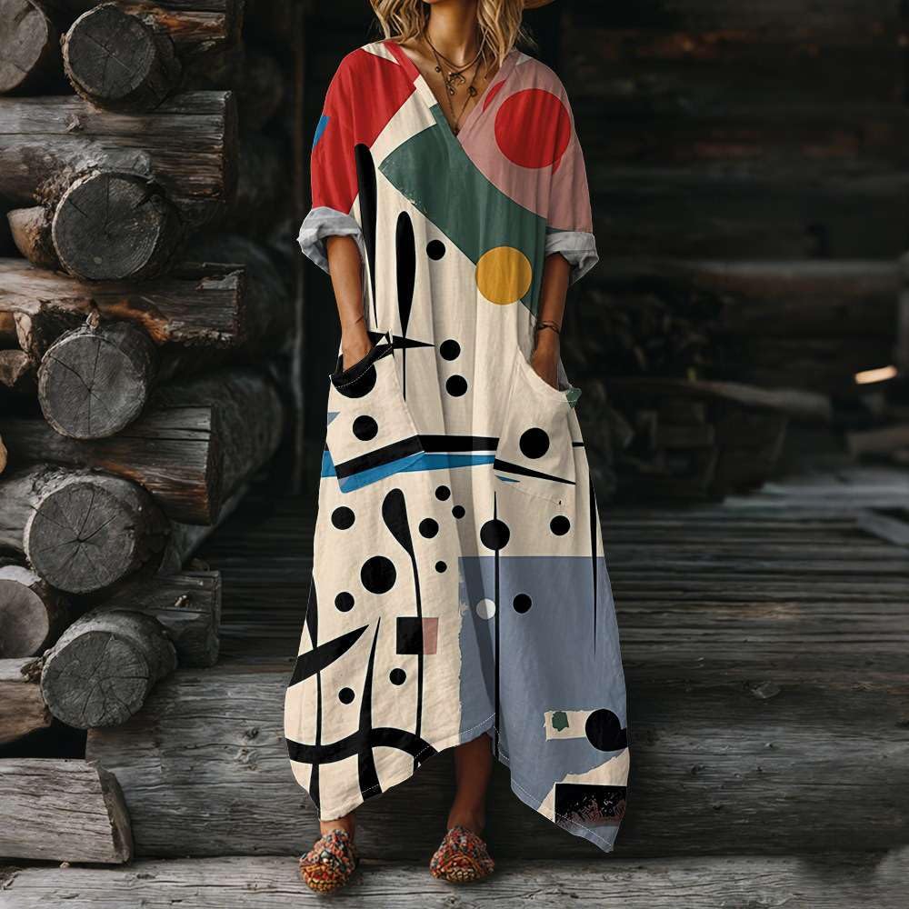 Abito Lungo Donna Boho Mare Vestito Estivi Lunghi Chic in Lino Effetto Scollo a V Maniche a 3/4 Maxi Vestiti con Tasche e Comodo Kaftan per Mare Vacanza Estate Taglie Forti Curvy Copricostume