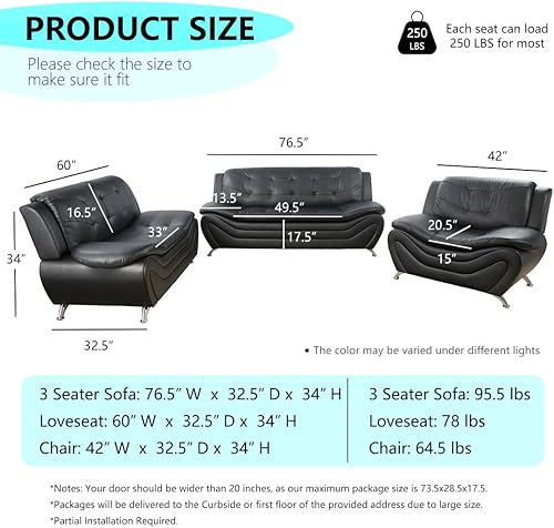 Miniatura 2 de Sofá seccional de cuero negro, juego de muebles de sala de estar, juego de 2 piezas de sofá moderno para sala de estar, apartamento, oficina,