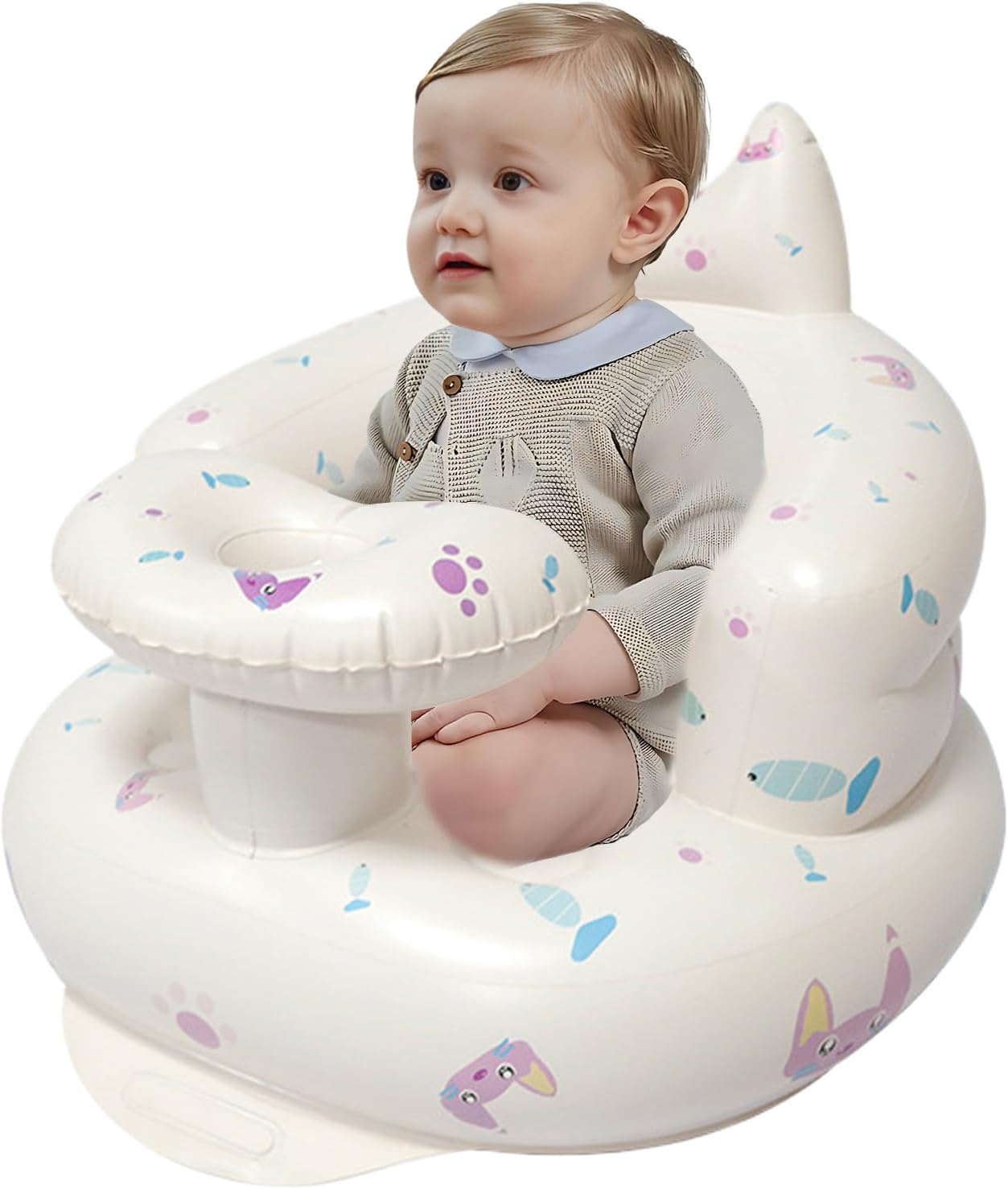 Floor Seat, Cute Pattern Foldable Inflatable Back Support Sofa Portable Learning Chair with Built-in Pump for Bed, Grass, Age 3+ Months