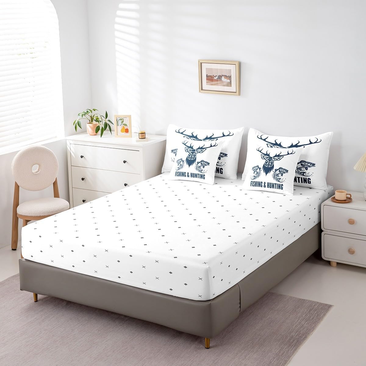 Feelyou Hunting and Fishing Comforter Set Queen Size 7 Pieces for Boys Girls Kids Cabin Farmhouse Bedding Set All Season Deer Fish Bed in a Bag with Comforter, Sheets, Pillowcases & Cushion Cover Soft