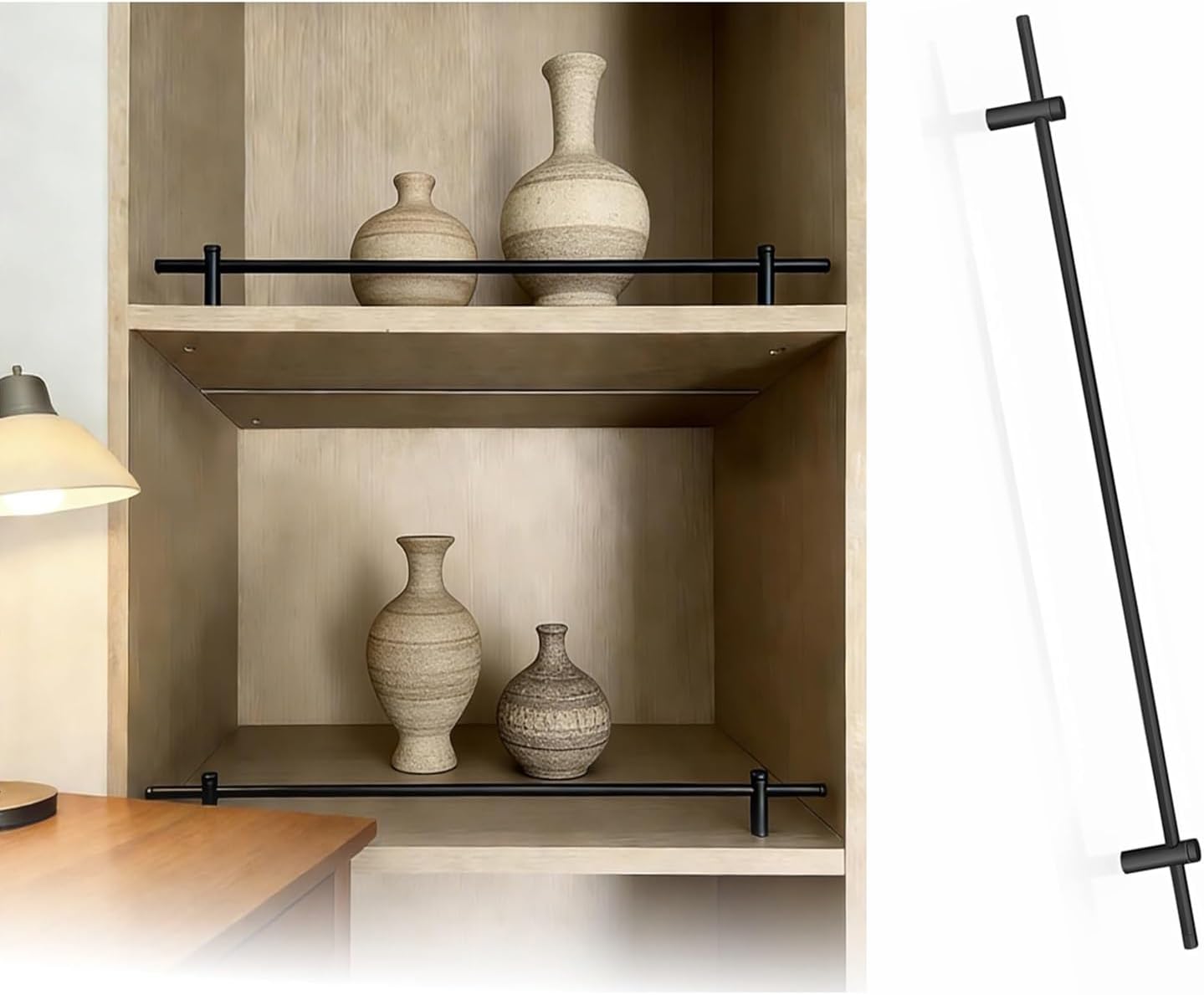 14~42 Inch Long Metal Shelf Guard Rail Decorative for Wood Shelves, Aluminum Alloy Anti-Fall Fence Set Enclosure for Shoe Racks/Bookshelf, Kitchen Cabinets(Black-2 Pack,35in/89cm)