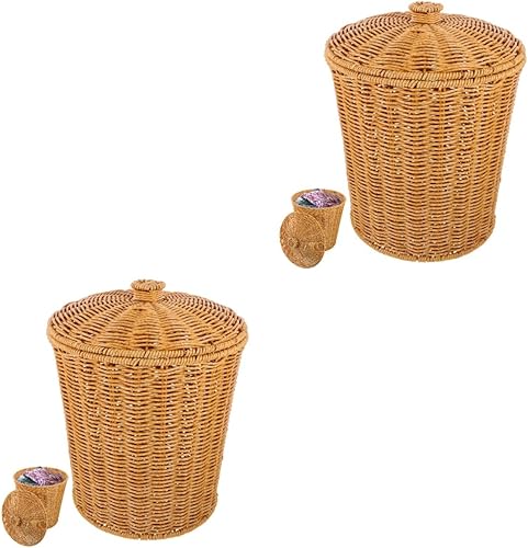 PRETYZOOM Cesta de basura de mimbre portátil con tapa, papelera de mimbre redonda, de plástico, cesta de almacenamiento tejida, contenedor de ropa
