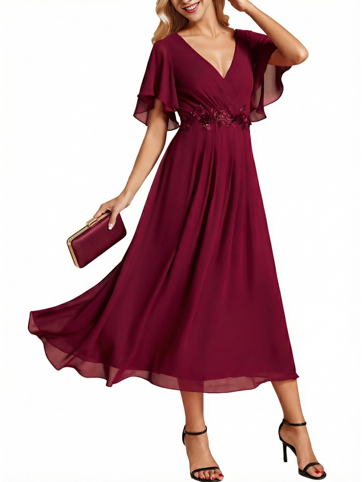 Ever-Pretty Abito da Ospite di Nozze Donna Applique Maniche a Volant Collo a V Stile Impero Chiffon EG02093