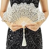 BABEYOND Lace Hand Fan Non-Foldable Vintage Bridal Handheld Fans with Rhinestone and Embroidered for Wedding Decoration Dancing Party (White)