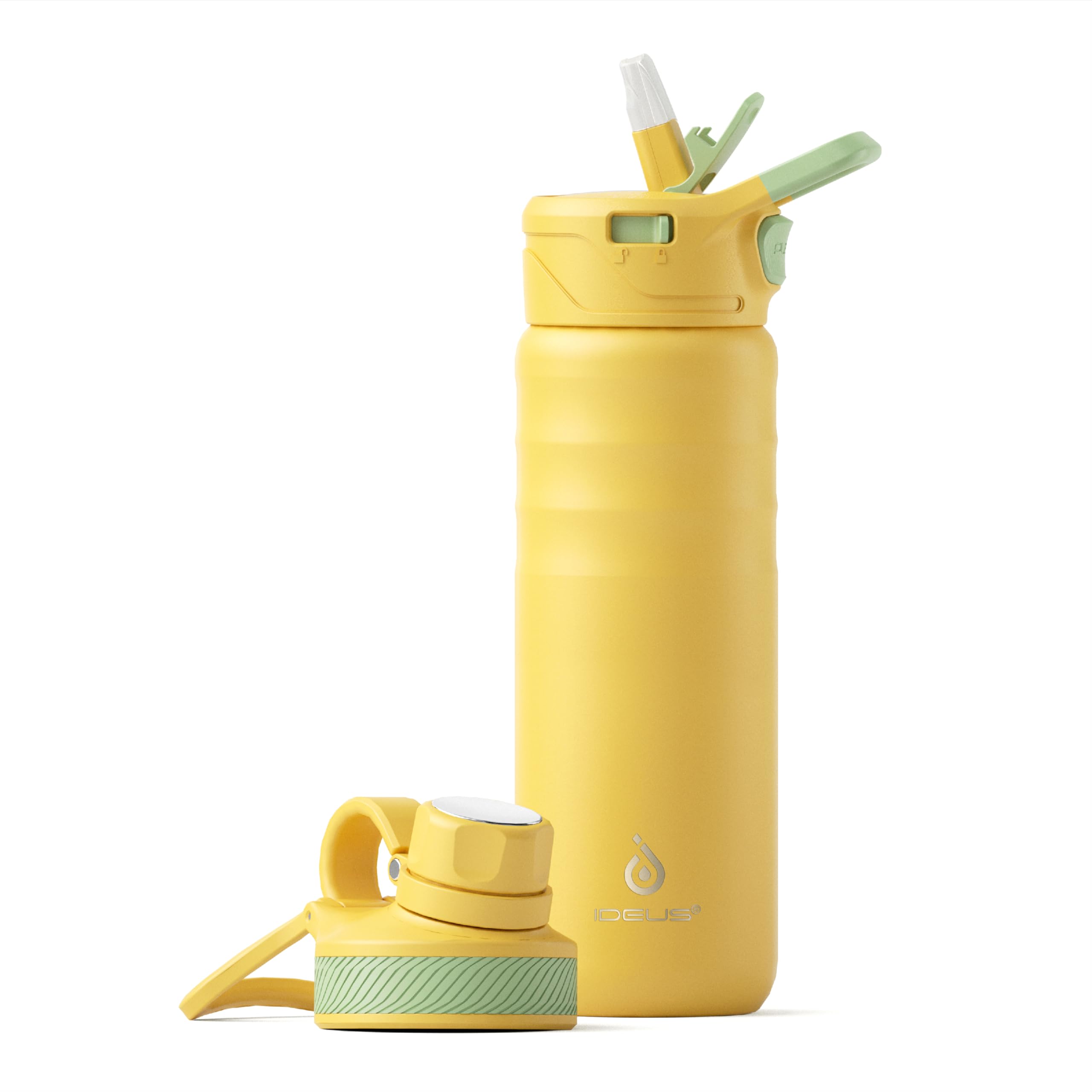 IDEUS Insulated Stainless Steel Water Bottle with 2 Leak-Proof Lids, Thermal Water Flask for Hiking Biking, 24oz, Bright Yellow