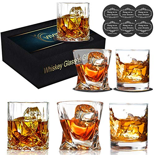 Old Fashioned Whiskey Glasses Set of 6 with Drink Coasters, Vivimee Scotch Glasses 10 oz, Crystal Cocktail Glasses for Men, Bar Whiskey Glass Set for Bourbon, Cognac Brandy, Malt - Rocks Glasses