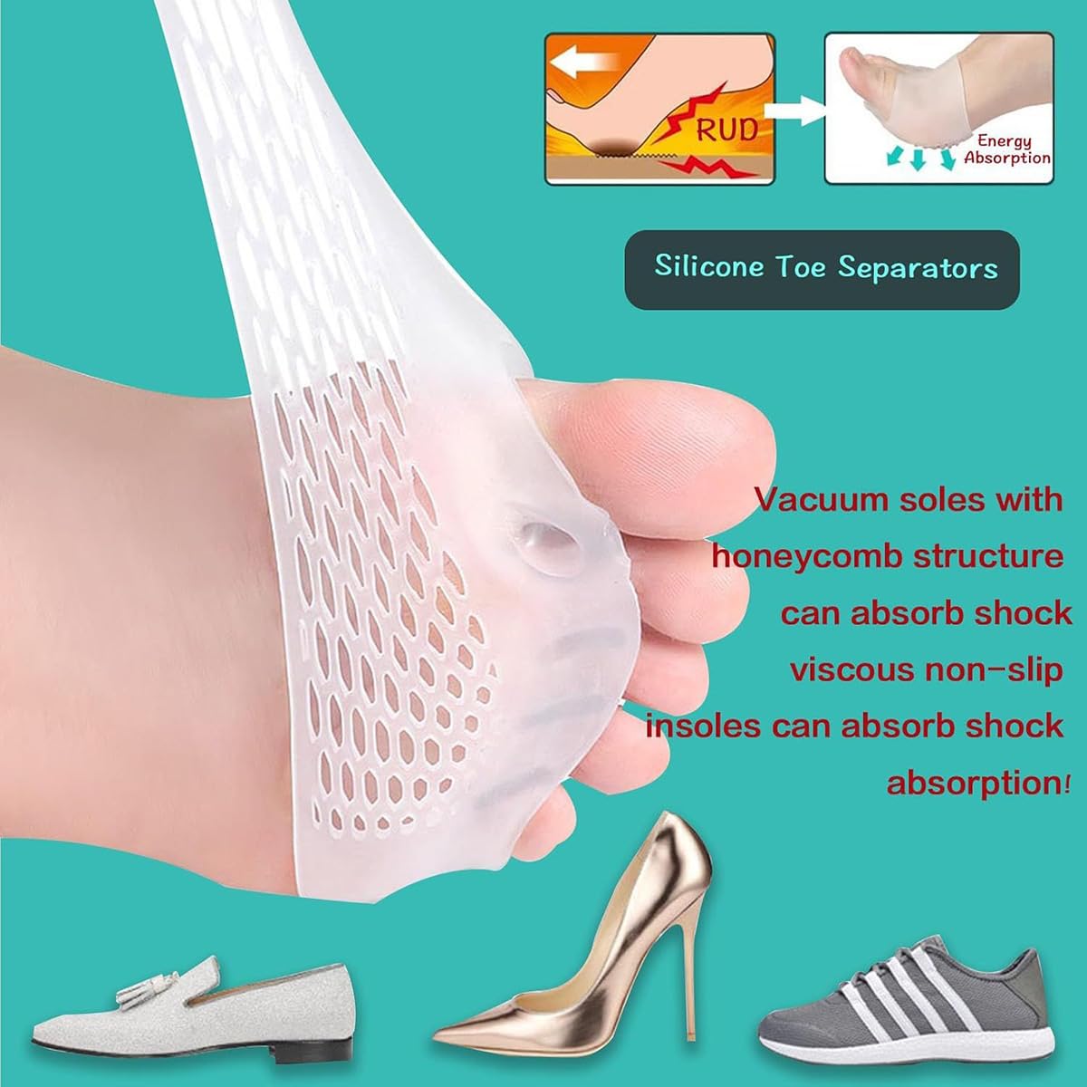 Cuscinetti metatarsali, separatori per dita dei piedi, in silicone, distanziatori per dita dei piedi, cuscinetti per avampiede, traspiranti e morbidi, per praticare yoga a martello sovrapposti (4