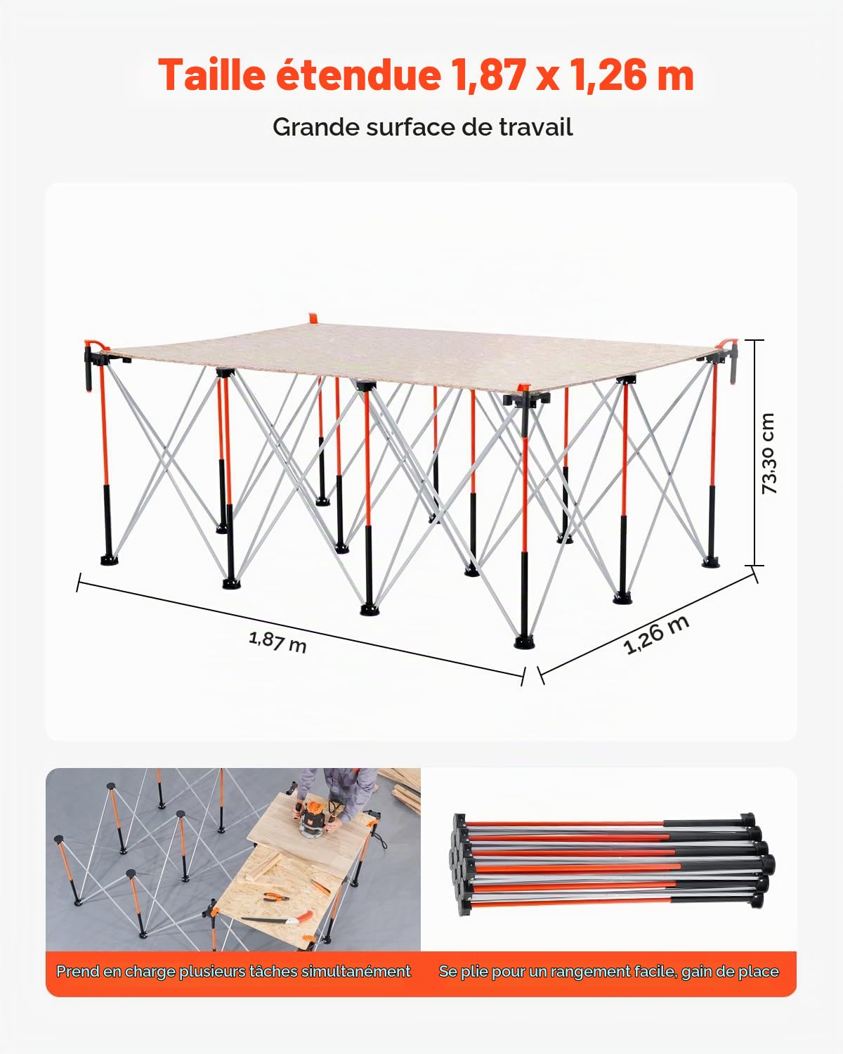 VEVOR Châssis Pliable Établi 186,5x126,1 cm, Support Table de Travail Charge 2041 kg, sans Assemblage, Pied d’Établi Portable avec Sac de Rangement, Plateau de Table Non Inclus, Garage Atelier