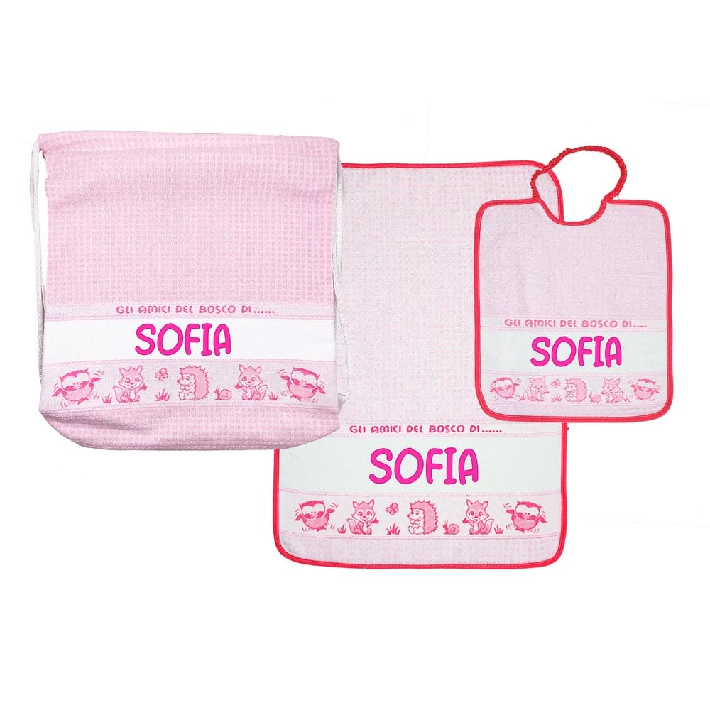 Bubabù SET ASILO PERSONALIZZATO BOSCO composto da 3 pezzi: bavaglino spugna con elastico cm.28x33, asciugamano cm.40x55, zainetto con fascia PERSONALIZZATI Cotone 100% Made in Italy