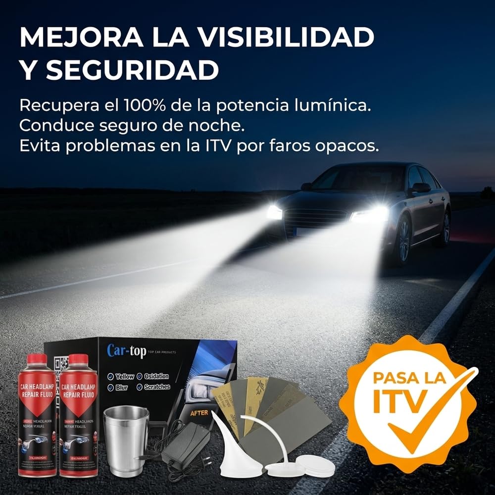 Kit Completo de Restauración y Pulido de Faros de Coche - Incluye 2 Botes de Solución Abrillantadora (800g) y Aplicador Térmico de Acero Inoxidable. Elimina Arañazos y Amarilleo