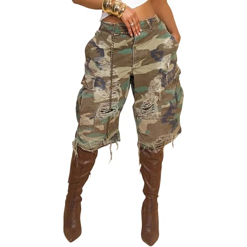 LETSVDO Women Ripped Camo Shorts Baggy Cargo Camouflage Army Fatigue Jorts