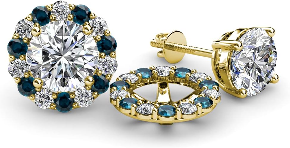 Round Blue Diamond & Natural Diamond 0.84 ctw Halo Jackets for Stud Earrings 14K Gold