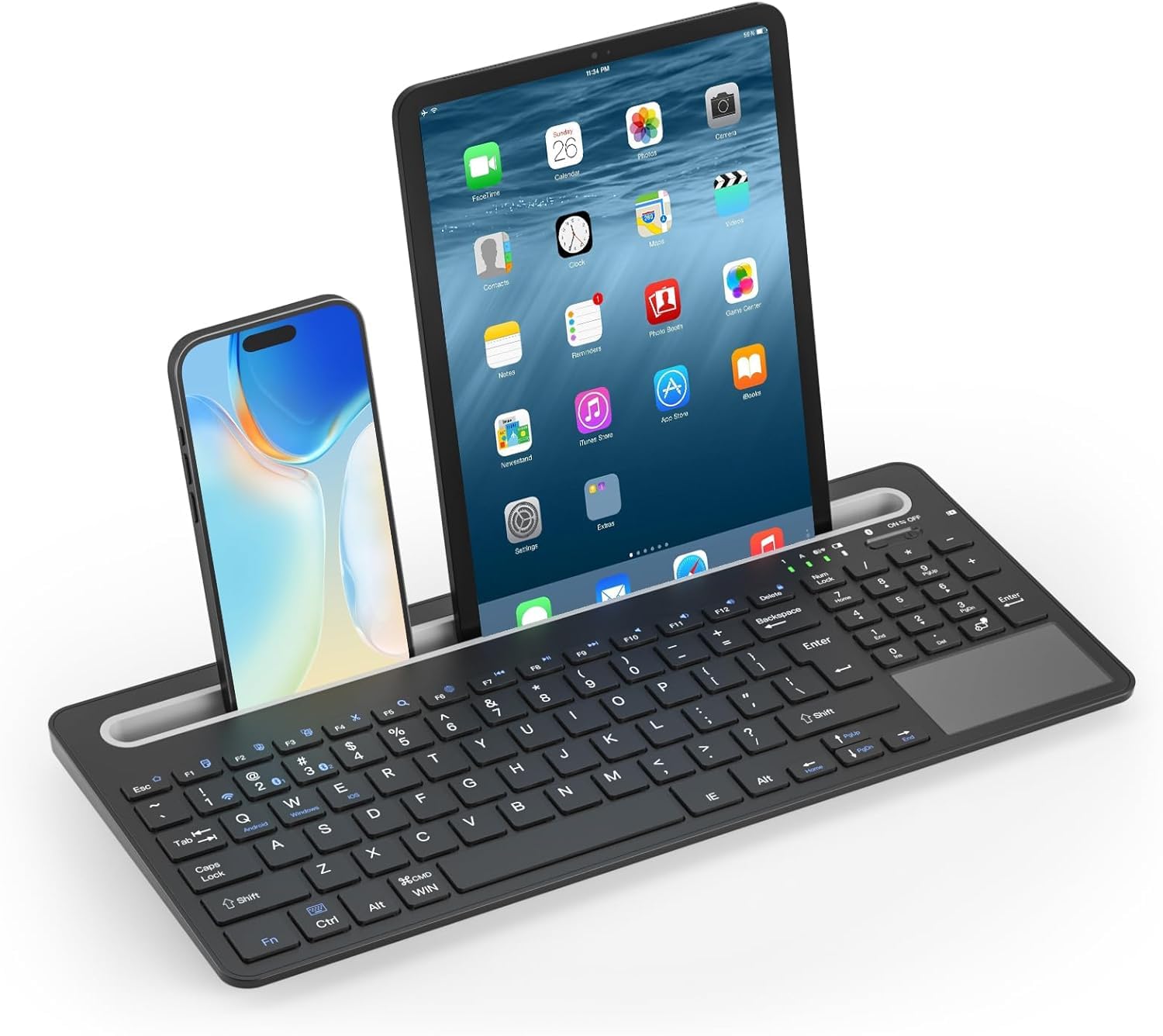 Wireless Keyboard with touchpad and Phone Holder, Phone Keyboard with Multi-Device (BT+2.4GHz) Lag-Free Keyboard with Phone Holder, Compatible with Mac OS, iOS, Windows, Android - Black