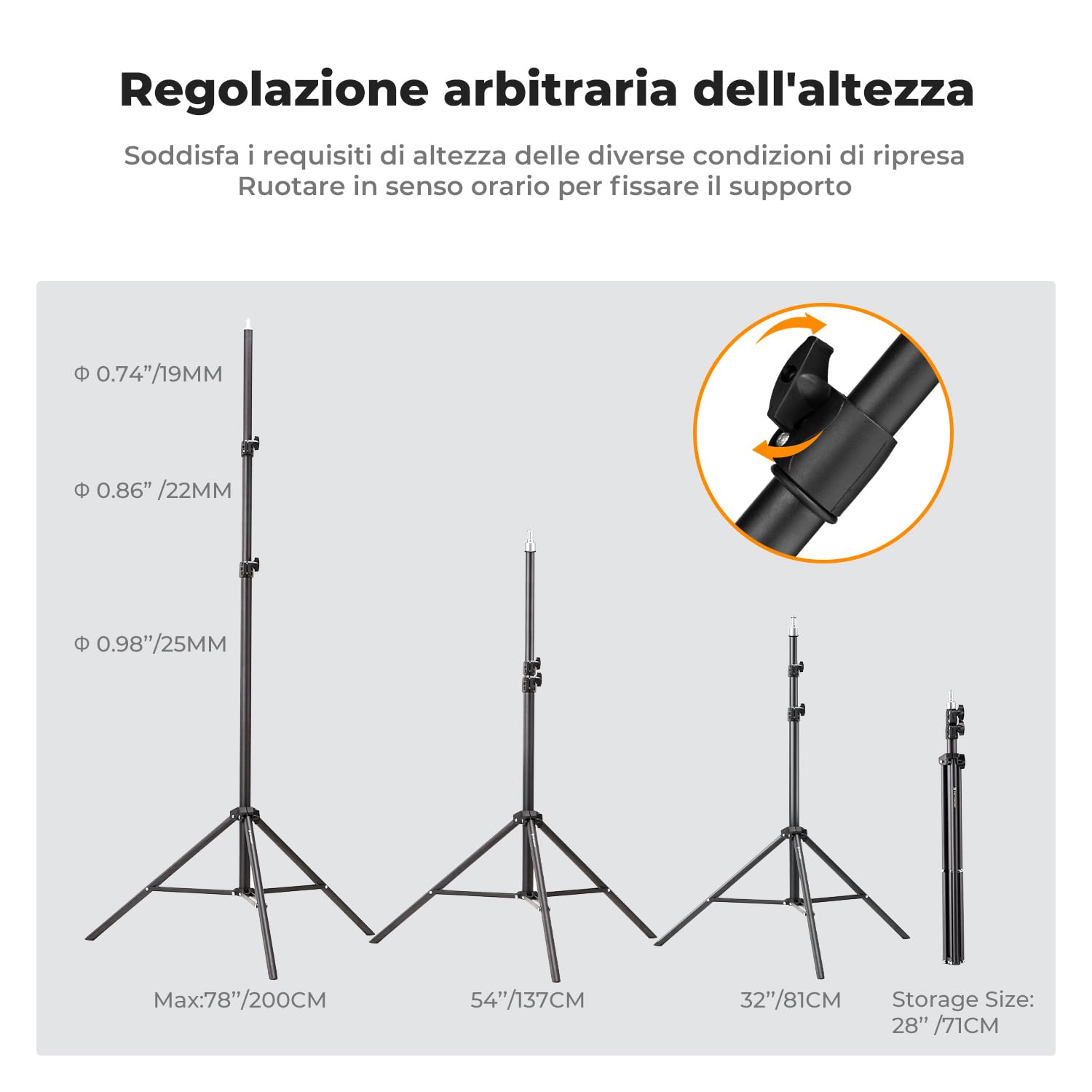 K&F CONCEPT Treppiede per fotografia, 2 m, portatile, estensibile, per foto e video, con vite da 1/4" per illuminazione, luce stroboscopica, webcam, fotocamere, softbox, con custodia