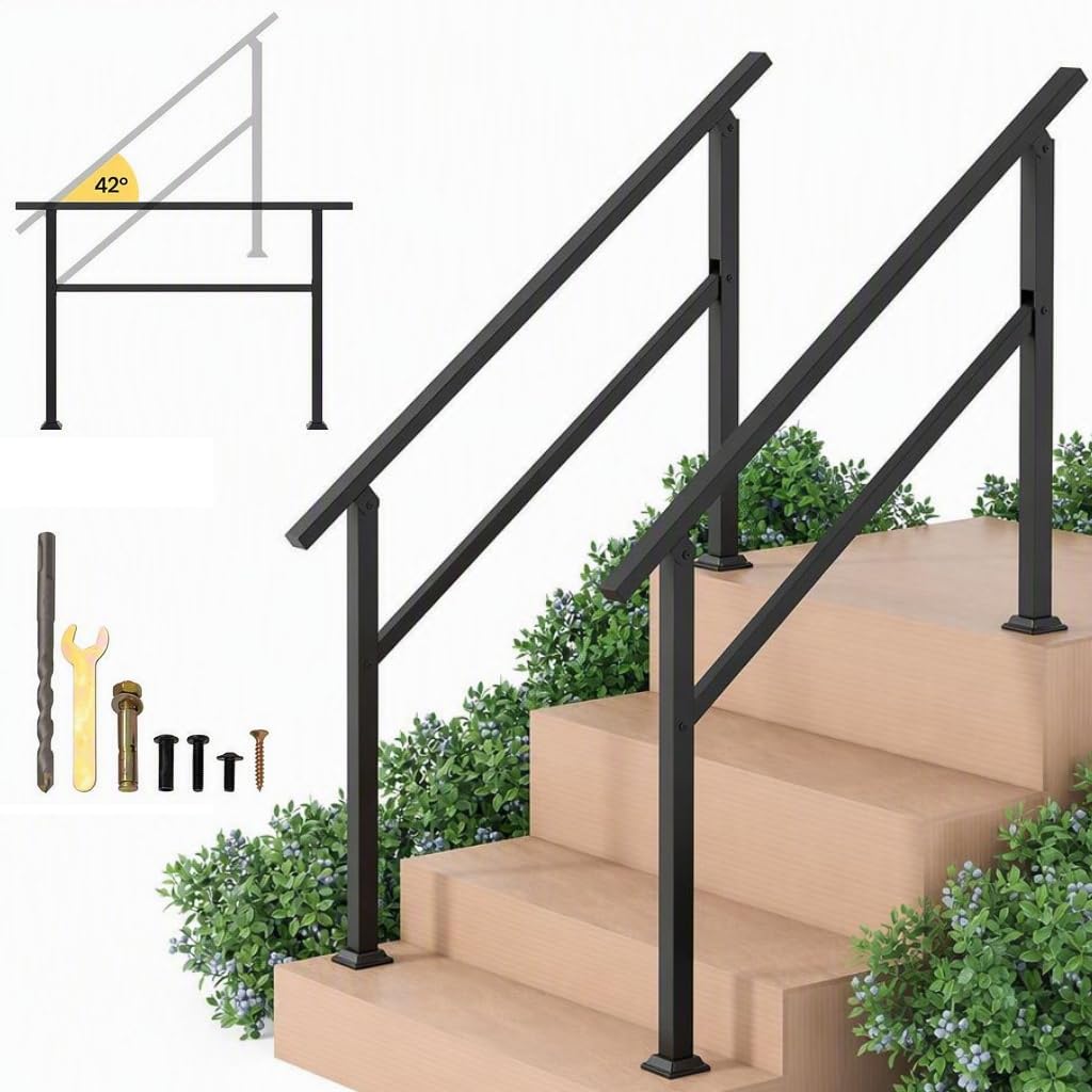 COSTWAY 2 Pack Outdoor Handrails for Stairs, Fits 1 to 2/3/4 Steps Adjustable Metal Hand Rails Stairs with Installation Kit, Banister Exterior Stair Railing for Garden Porch Entrance (1 to 4 Steps)