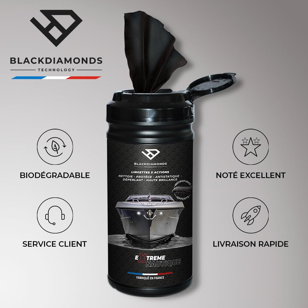 BlackDiamonds - Salviette Detergenti per Barche - 5 Azioni - Puliscono, Proteggono, Antistatiche, Idrorepellenti E Massima Lucentezza - Biodegradabile - Senza Acqua né Risciacquo - 80 Salviette