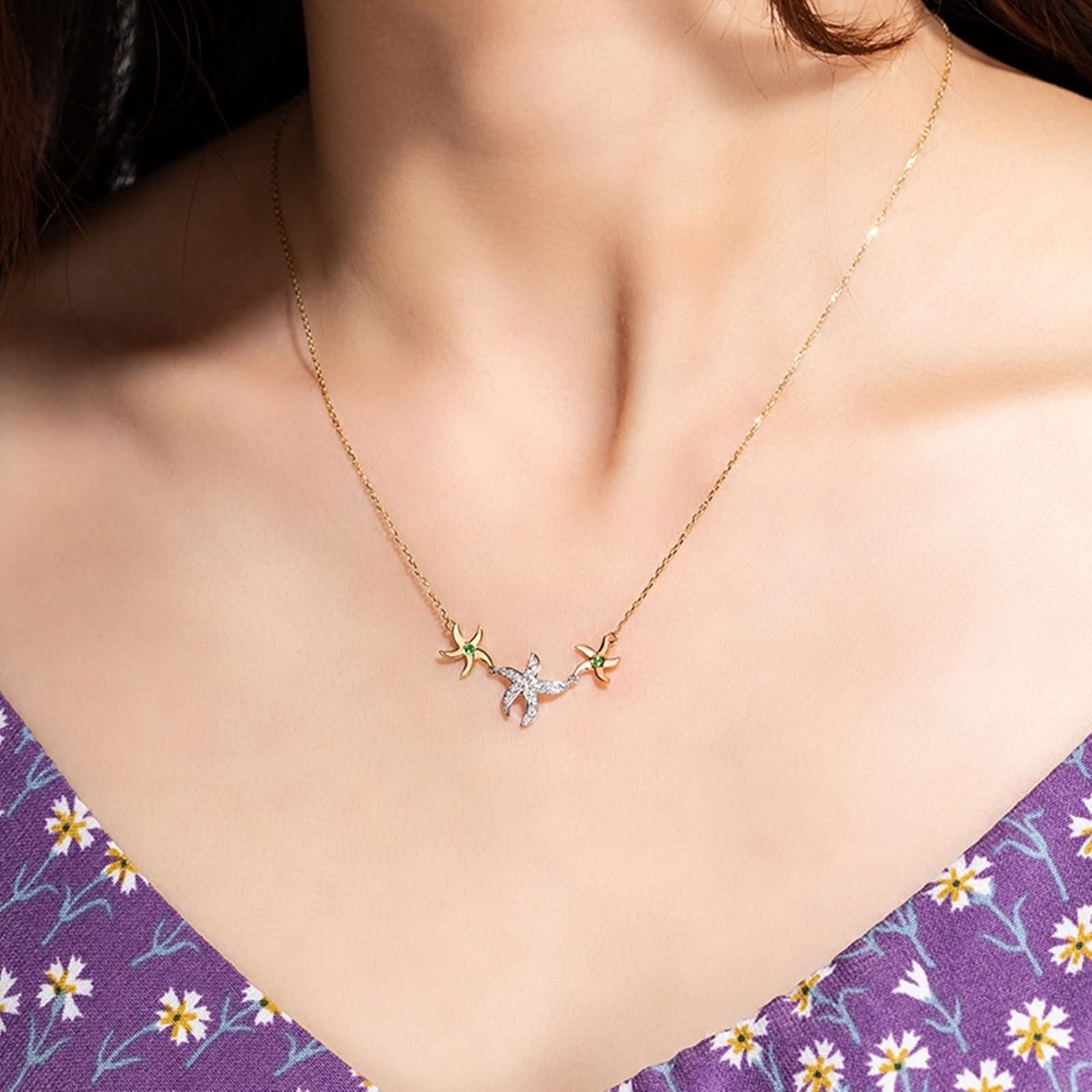 Collar de novia de oro amarillo, collar de estrella de mar de oro de 18 quilates con diamantes y tsavorita de 0,22 quilates para mujer