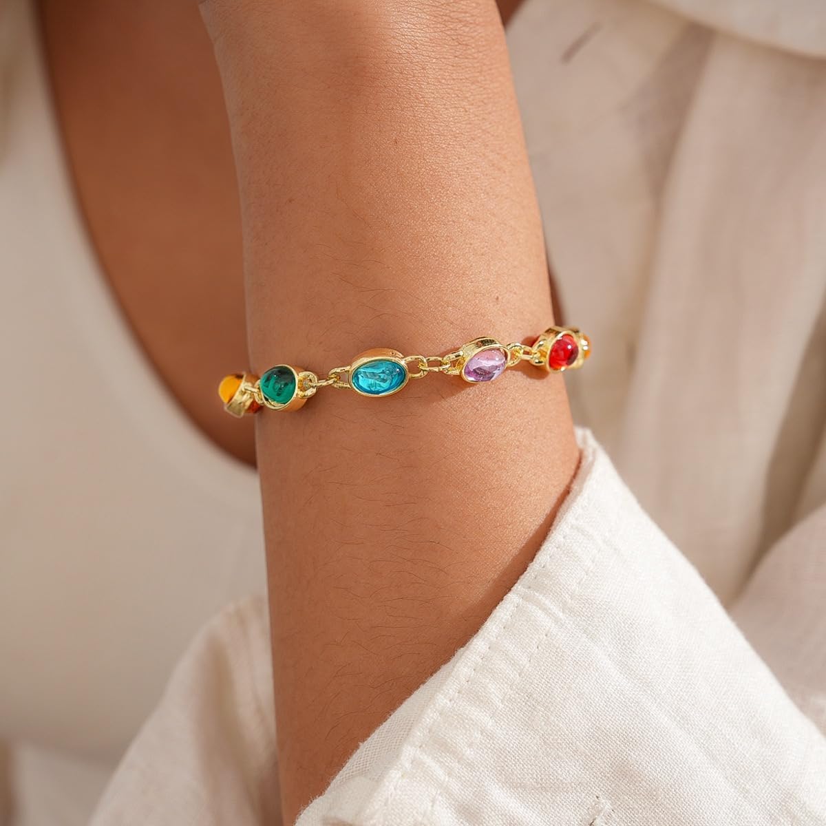 Gold Plated Bracelet for Women with Multicolor Crystals, Adjustable Elegant Charm Bracelet, Boho Jewelry Gift for Her - Image 6