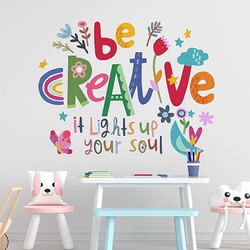 Yovkky Calcomanías de pared con cita inspiradora Be Creative para guardería, sala de juegos, decoración preescolar, frase positiva motivacional para