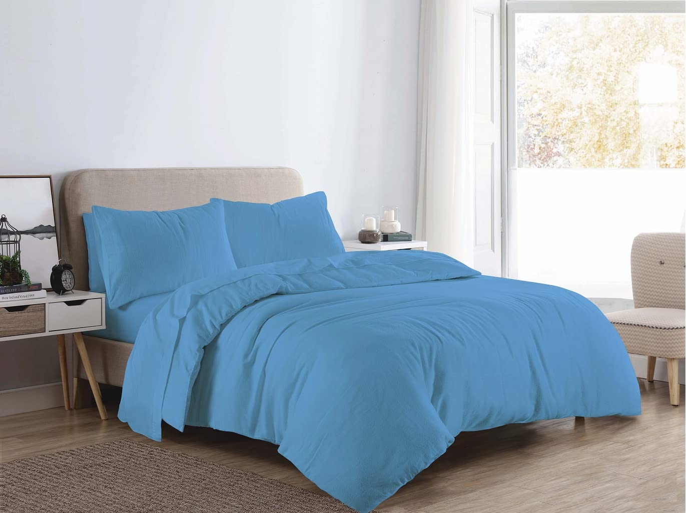 PARADISE STAR Flannelette Duvet Cover Bedding Set with Matching Pillowcases – 100% Brushed Cotton Thermal Quilt Cover Set, Warm Soft Cosy Winter Bed Linen for Bed (Blue Superking)