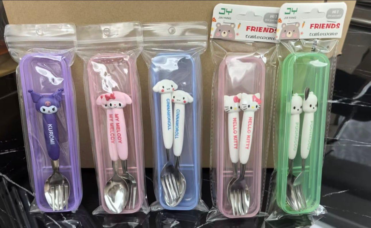 Sanrio Character Spoon & Fork Set with Case | 2 Piece Portable Cutlery Set | Compact Travel-Friendly Tableware for School, Office & Outdoor Use