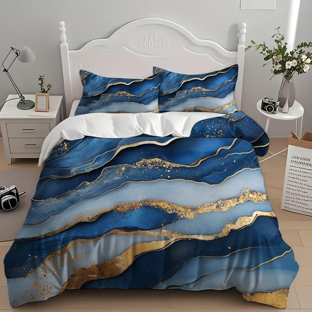 Fluido Di Marmo Lussuoso Copripiumino 2 Persona con Cerniera 250x200 cm Blu Set Biancheria da Letto in Microfibra, Lavabile in Lavatrice, per Bambini, Adolescenti e Adulti