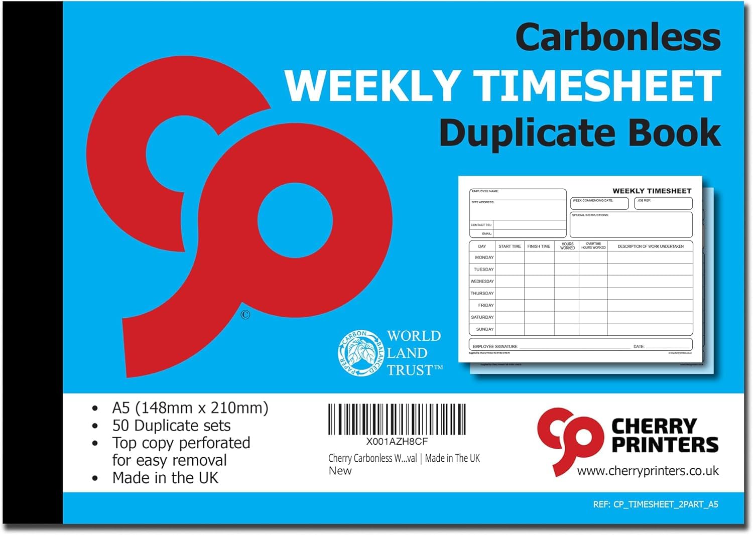 Cherry Printers Carbonless Weekly Timesheet Duplicate Book | A5 (148mm x 210mm) | 50 Perforated Sets for Easy Removal | Record Working Hours Overtime & Tasks | Made in The UK | Contractors 20 Pack