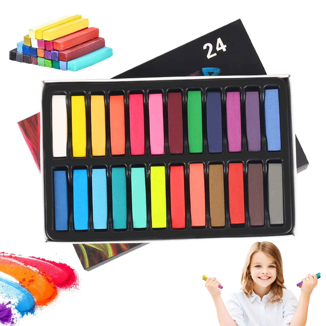 gesso senza polvere per bambini,24 pezzi di gessi colorati per strada non tossici, gesso lavabile per lavagna, disegno, scrittura, gioco all'aperto（A）