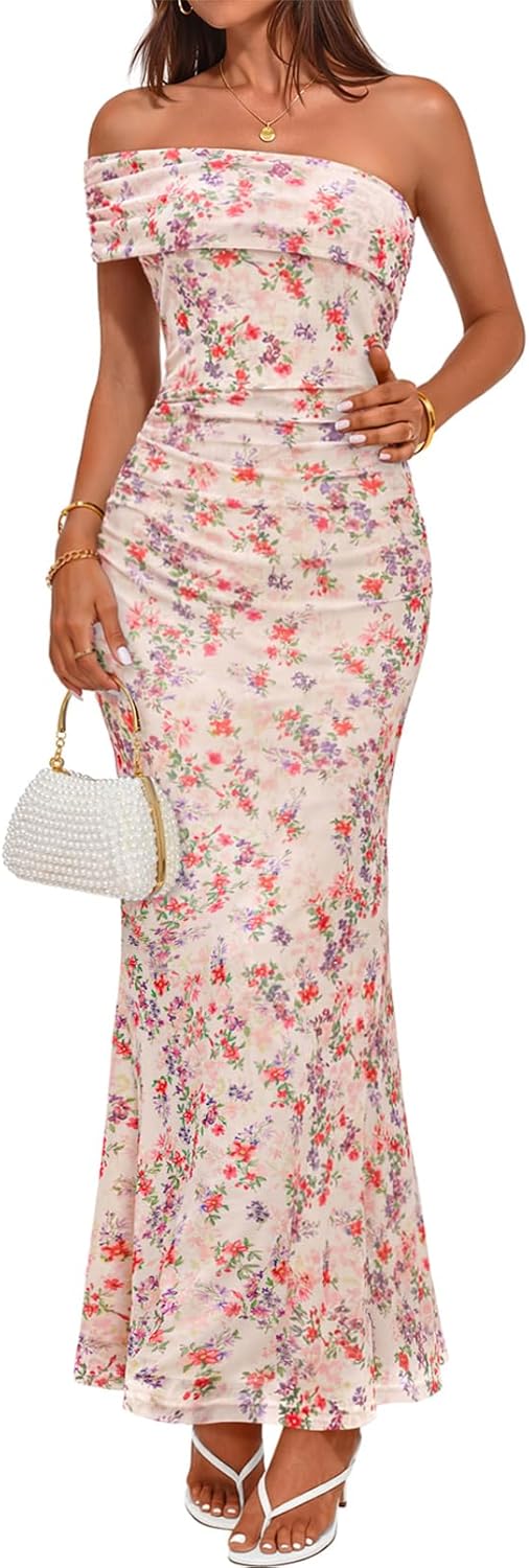 MEROKEETY Women's Floral Maxi Dress 2026 Summer Off Shoulder Ruched Mesh Bodycon Cocktail Wedding Guest Party Dresses