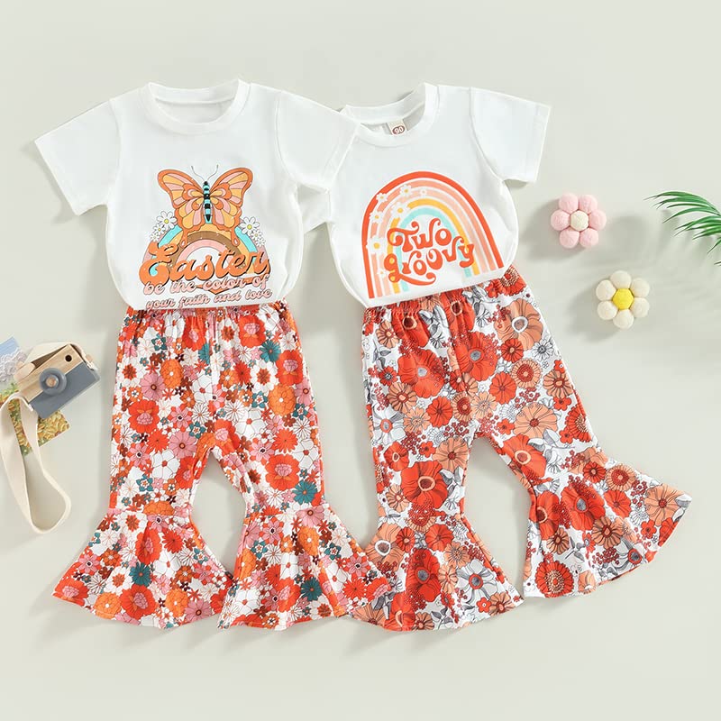 Toddler Baby Girl Summer Outfits SetLetter Rainbow Short Sleeve T-Shirt Tops Floral Flared Bell-Bottom Pants (White-E, 12-24 Months)