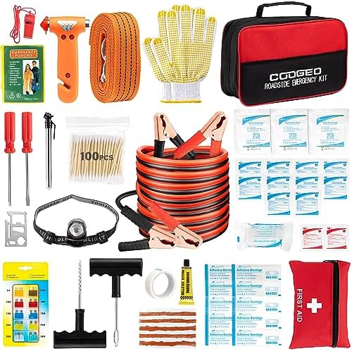 Roadside Assistance Emergency Kit, Complete Car Emergency Kit with Jumper Cables, Car Repair Tools, Headlamp, Tow Rope, Tire Plug Kit, Car Safety Kit for Women, Men, Teenagers, 156pcs