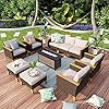 Mfstudio 9 piece wicker patio furniture set with 56 fire pit table all weather pe rattan patio sectional sofa conversation set with 50000 btu csa approved fire pit table ottoman beige cushion  urban country home decor
