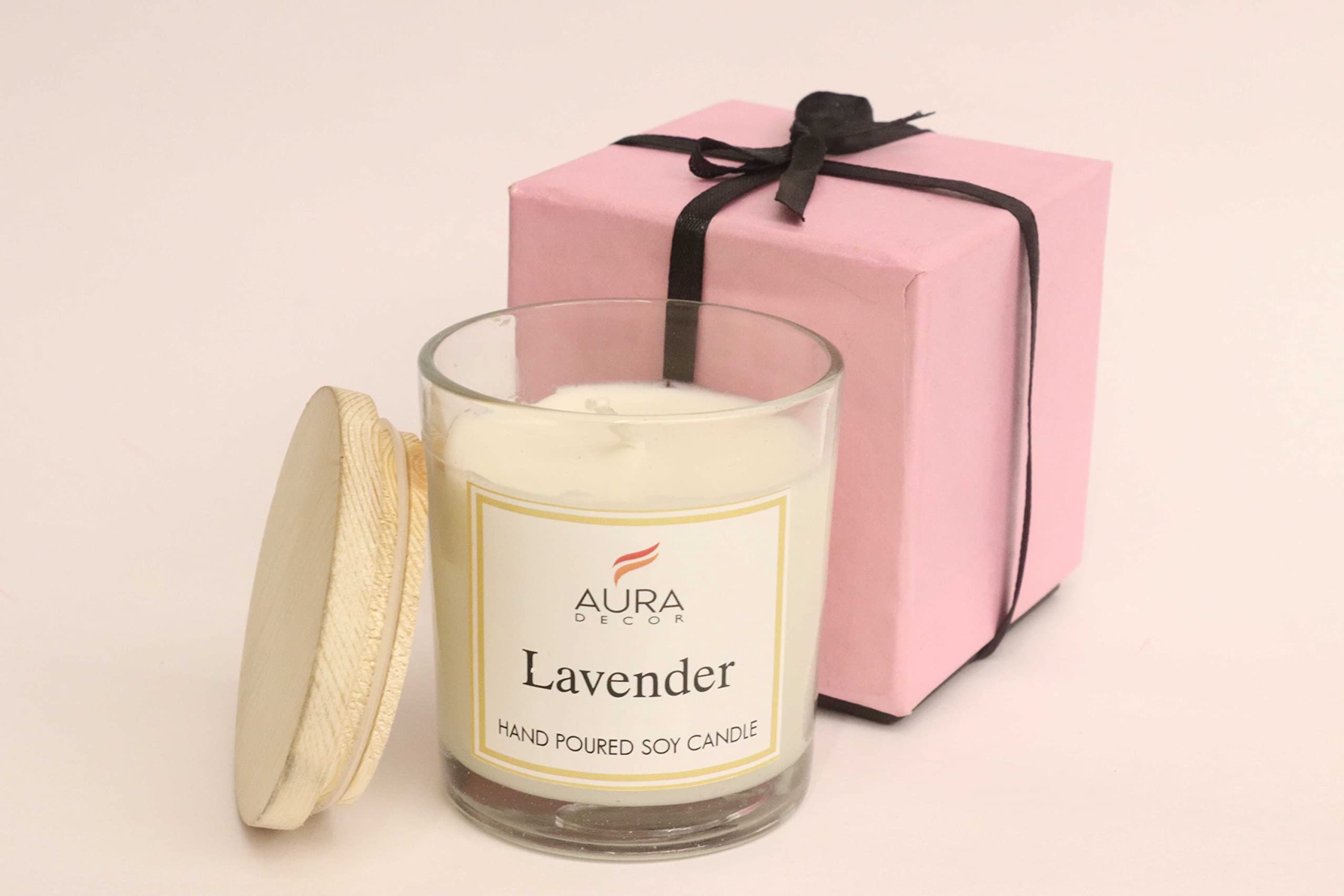 AuraDecor Hand Poured Fragrance Soy Wax Glass Candle 150 gm (with Wooden Lid & Comes in a Gift Box) | 100% Organic Wax Candle with Essential Oils (Transparent_Lavender)