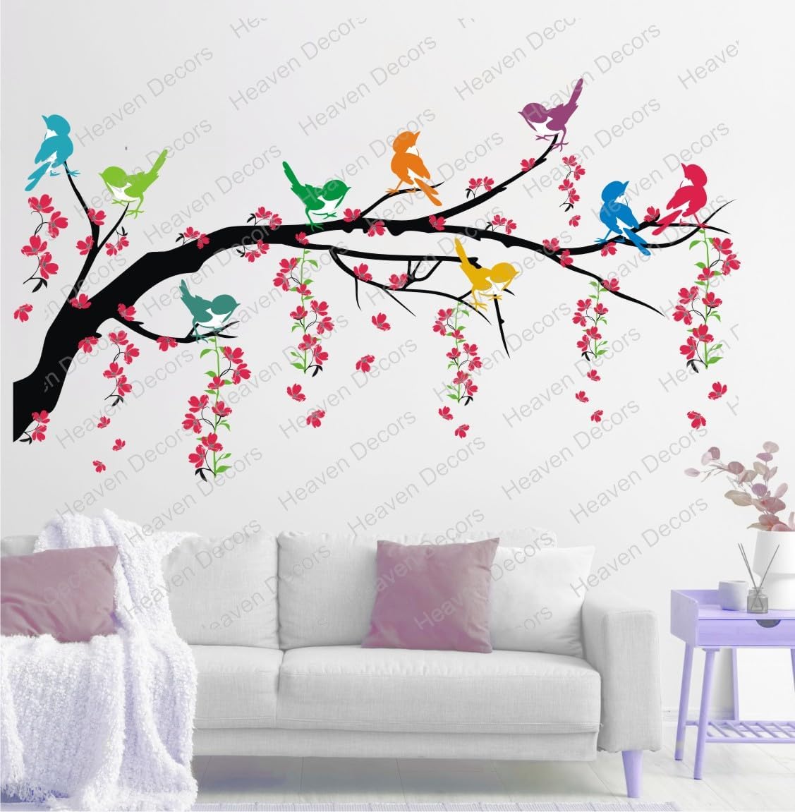 Tree with Hanging Vine and Colorful Birds Nature Wall Self adhesive floor Sticker (Ideal Size on Wall: 110 cms x 60 cms) Multicolour 110 x 1 x 60 cms, Vinyl