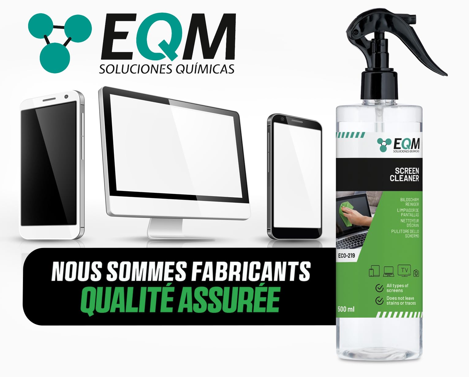 EQM - ECO-219 - Kit Nettoyant Écrans + Chiffon Microfibre - 500 ML - Format Premium - Compatible Tablette, Mobile, Ordinateur Portable, Appareil Photo, LED, OLED
