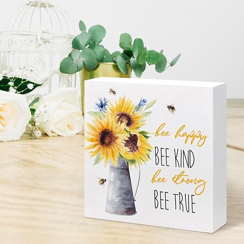 Miniatura 6 de z-crange Letrero inspirador de madera con texto en inglés Be Kind Be Happy Sunflowers, letrero de madera motivacional en bloque para el hogar