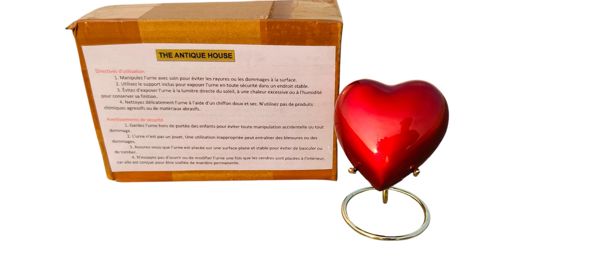 Urna de cremación para cenizas, urna de corazón rojo con caja roja y soporte de latón, mini urna conmemorativa para mascotas para tu ser querido