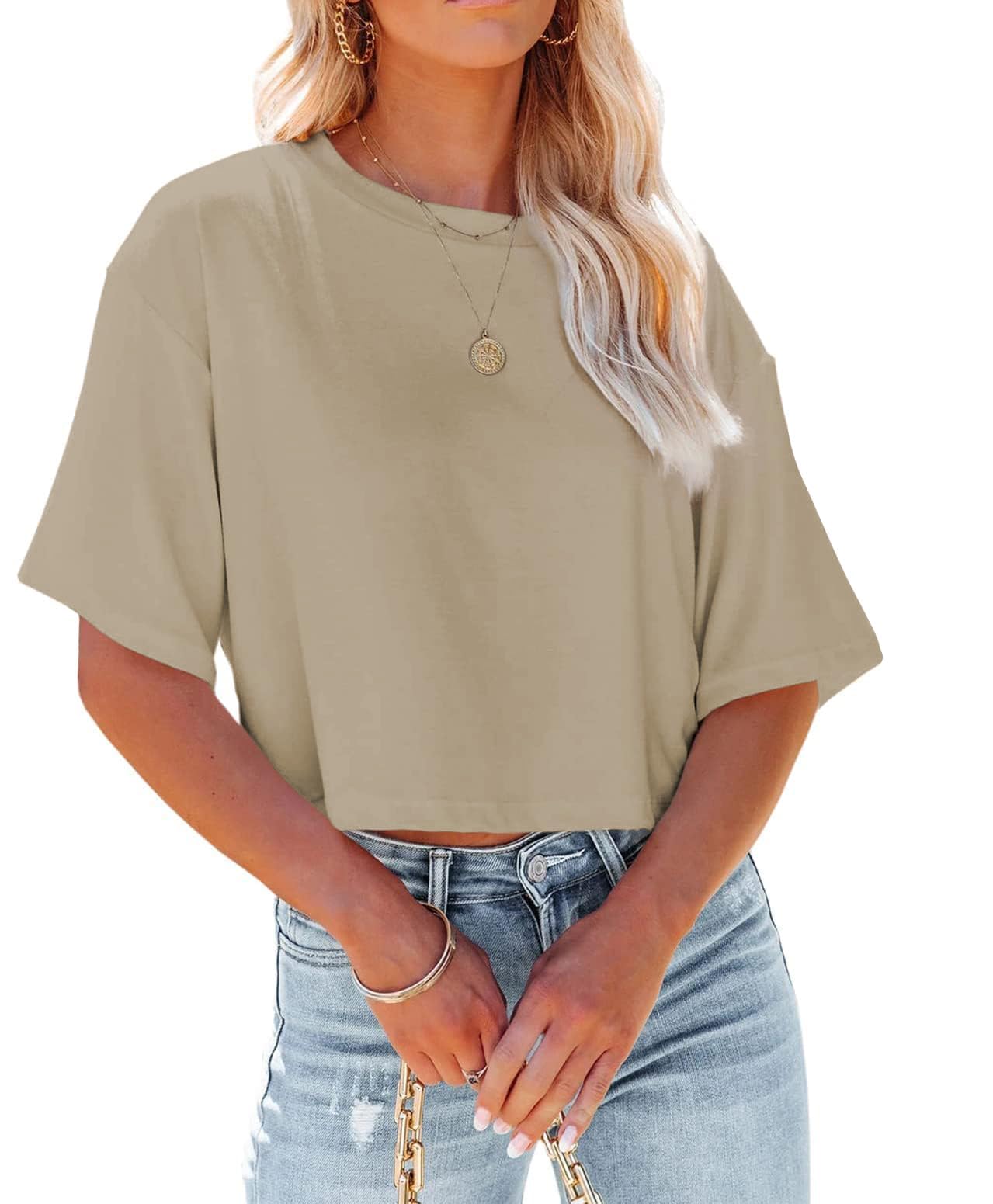 Suncife Damen-T-Shirt, bauchfrei, Hlaf-Ärmel, lässig, locker, taillierter Schnitt