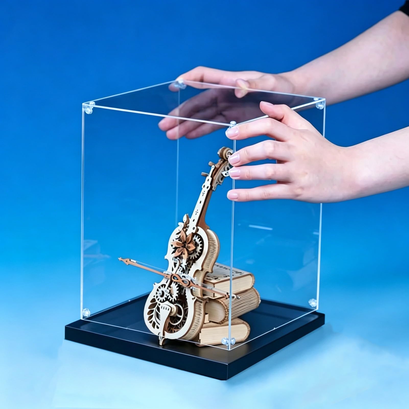 Akrylowe pudełko ekspozycyjne, łatwy montaż, przezroczysta, akrylowa gablota, pyłoszczelne pudełko do przechowywania z czarną podstawą, na drewniane puzzle 3D i zestawy modeli, wysokość 40-61 cm