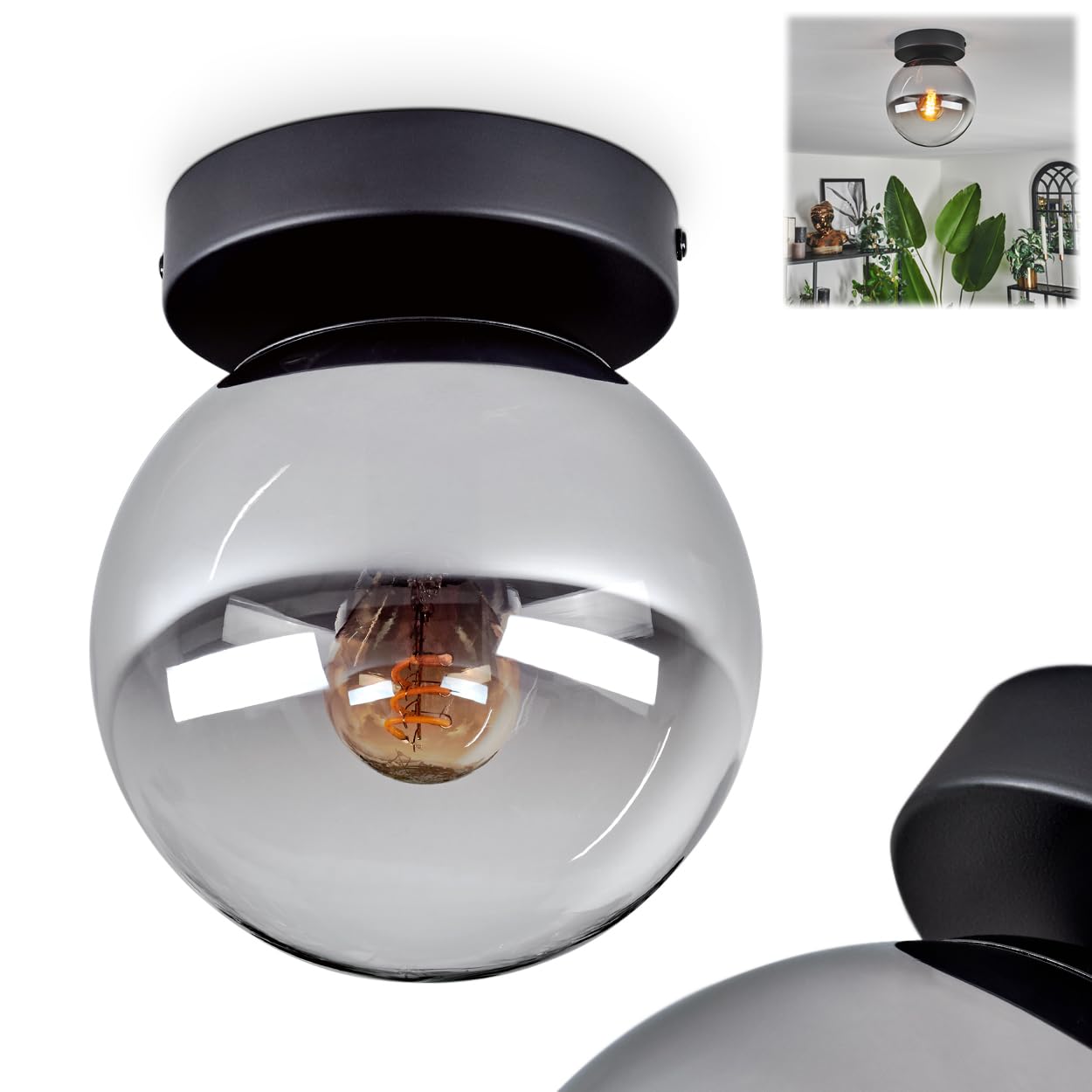 HOFSTEIN Gastor Ceiling Light, Ceiling Light Made of Metal/Glass in Black/Chrome Colour/Clear, Retro/Vintage Design Light with Glass Shade (Ø 15 cm), 1 x E27, Without Bulb