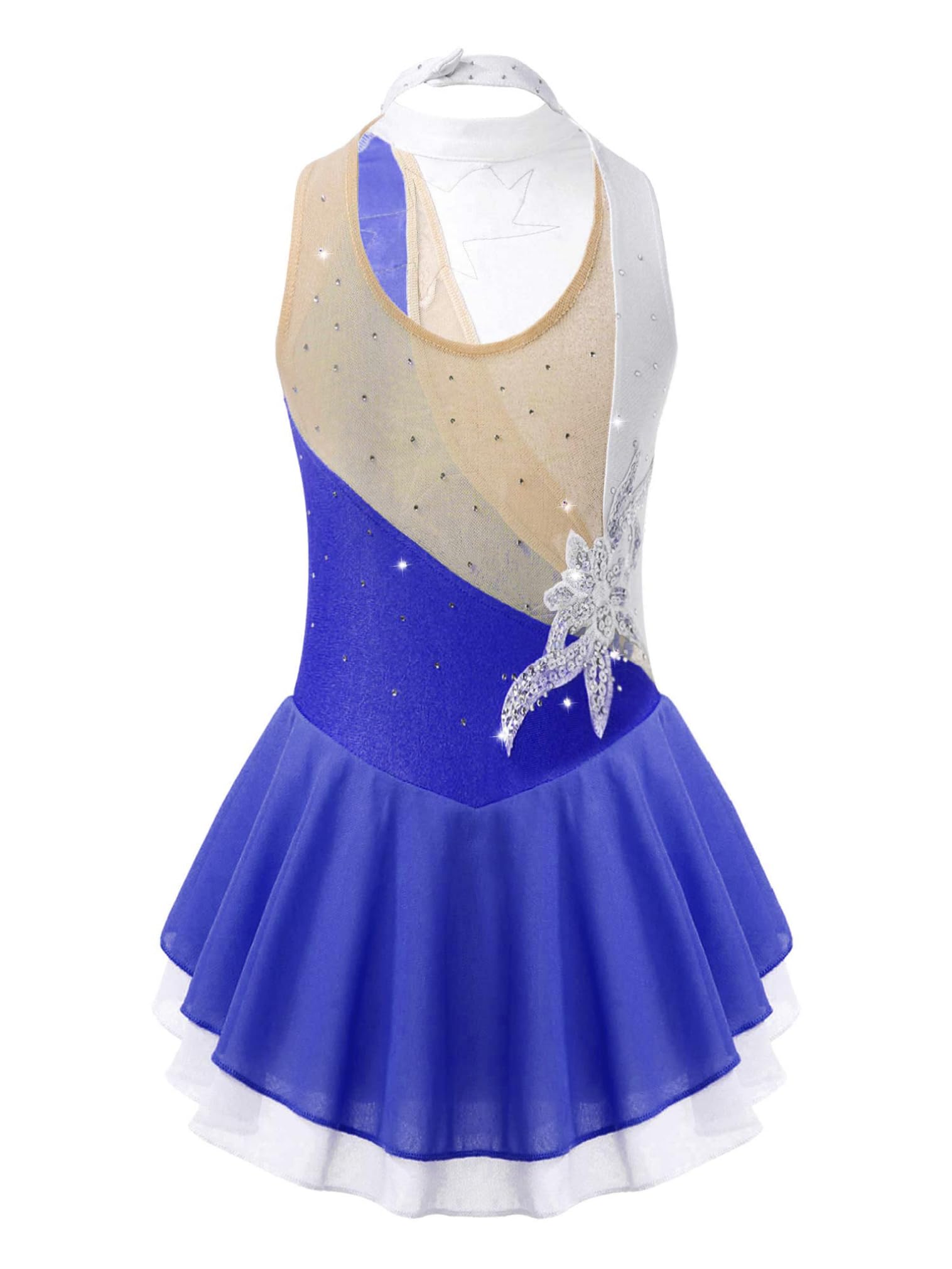 FEESHOW Mädchen Eiskunstlauf Kleid Neckholder Pailletten Blumen Eislaufen Kleid Tanz Trikot Kinder Glänzende Rollschuhlaufen Tanzkleidung